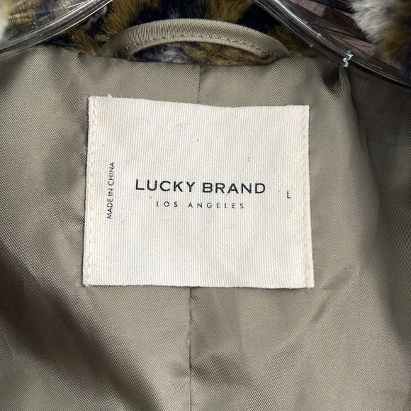 NWT Lucky Brand Faux Fur Long Line Coat green leopard camo size large - Picture 7 of 13